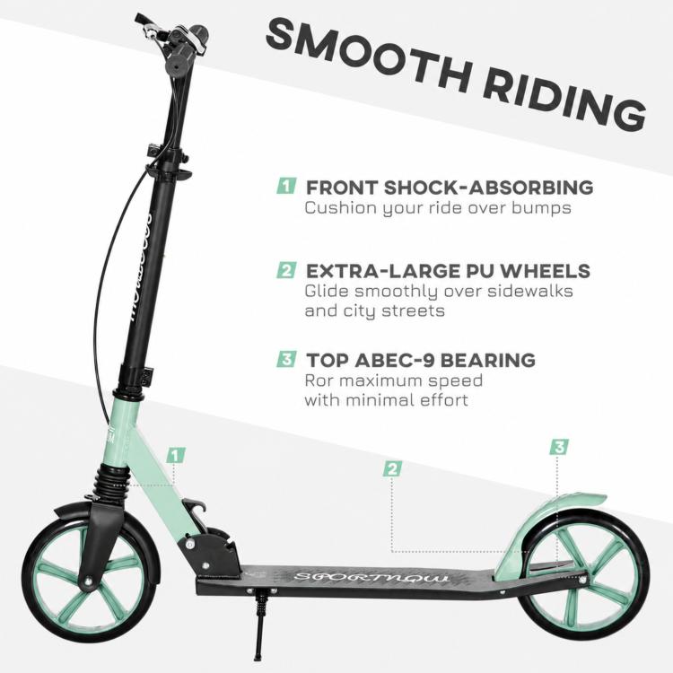 Folding Scooter with Adjustable Handlebars for Adults 14+, 20cm Large Wheels, Shock Absorber, Green