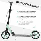 Folding Scooter with Adjustable Handlebars for Adults 14+, 20cm Large Wheels, Shock Absorber, Green