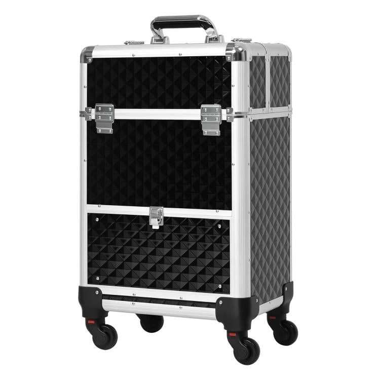 Makeup trolley case, cosmetic vanity case, adjustable telescopic handle, 34L x 25W x 62H cm, black aluminum.