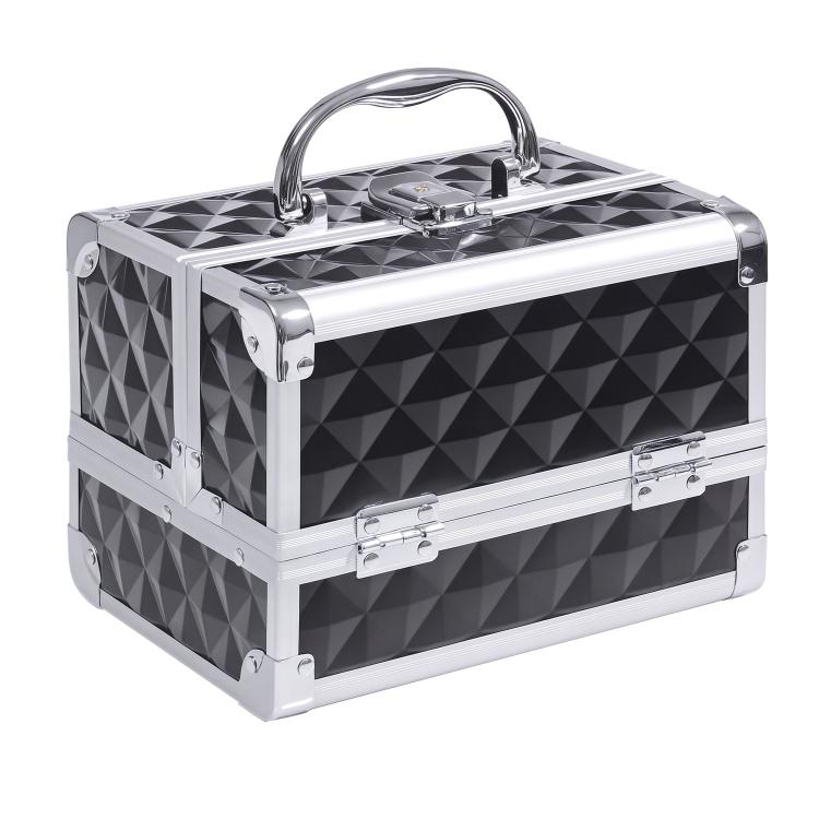 3-tier makeup storage case with mirror and lock (includes 2 keys); dimensions: 20L x 15W x 15H cm; black.