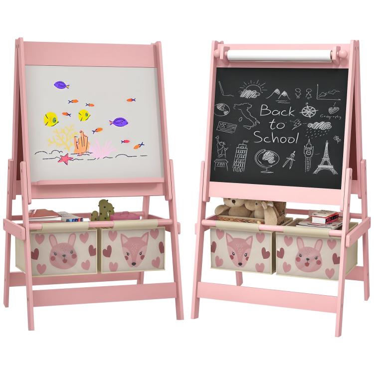 3-in-1 Kids Easel with Paper Roll, Chalkboard, Whiteboard and Storage Baskets, Pink, 54 x 46.5 x 93 cm