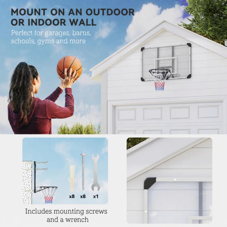 Basketball hoop, shatterproof backboard, height adjustable, indoor & outdoor, steel frame, black