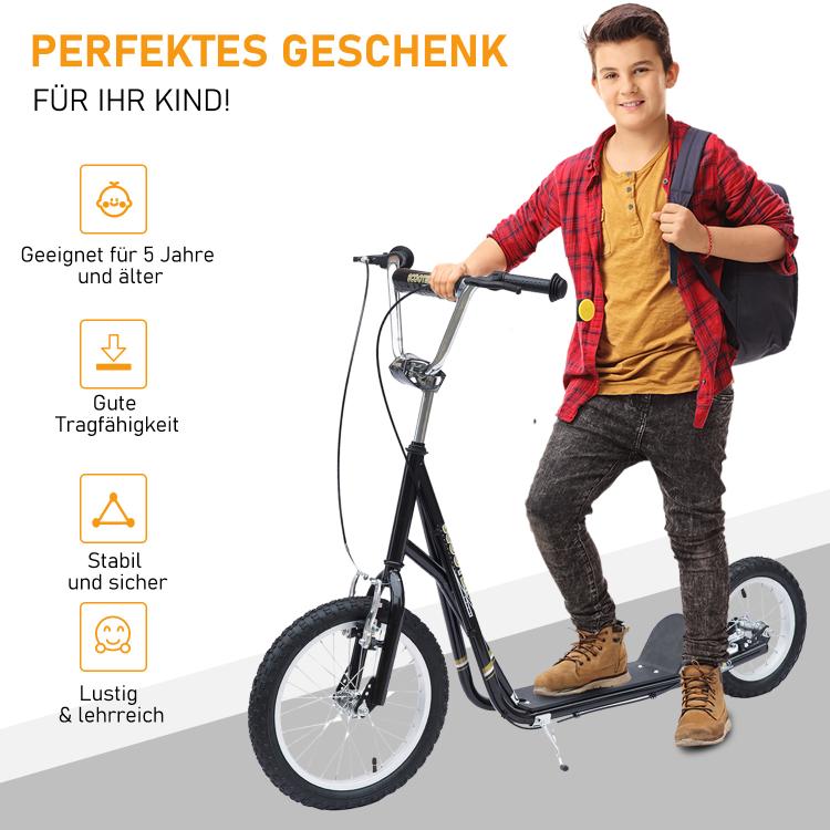 Kids' Scooter with Pneumatic Tires and Handbrake – 16-Inch Height-Adjustable Kick Scooter for Boys and Girls Aged 5+ (Black)