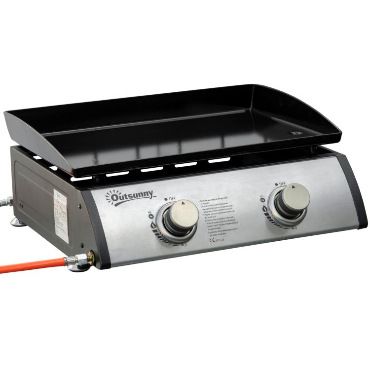 Gas Grill with 2 Burners, Hose, Non-stick Grill Plate, Stainless Steel, Color: Silver, 48.5 x 48 x 21 cm