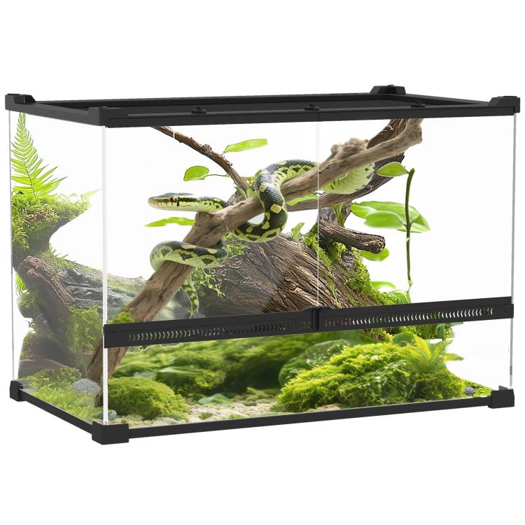 Glass terrarium for reptiles, raised & waterproof base, button lock