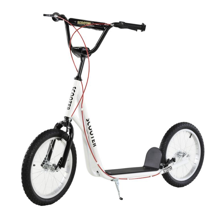 Scooter for Children (Ages 5+) and Teens with Height-Adjustable Handlebars, Two 16-inch Pneumatic Rubber Tires, and Dual Brakes – 100 kg Load Capacity – 139x58x90-96 cm – White