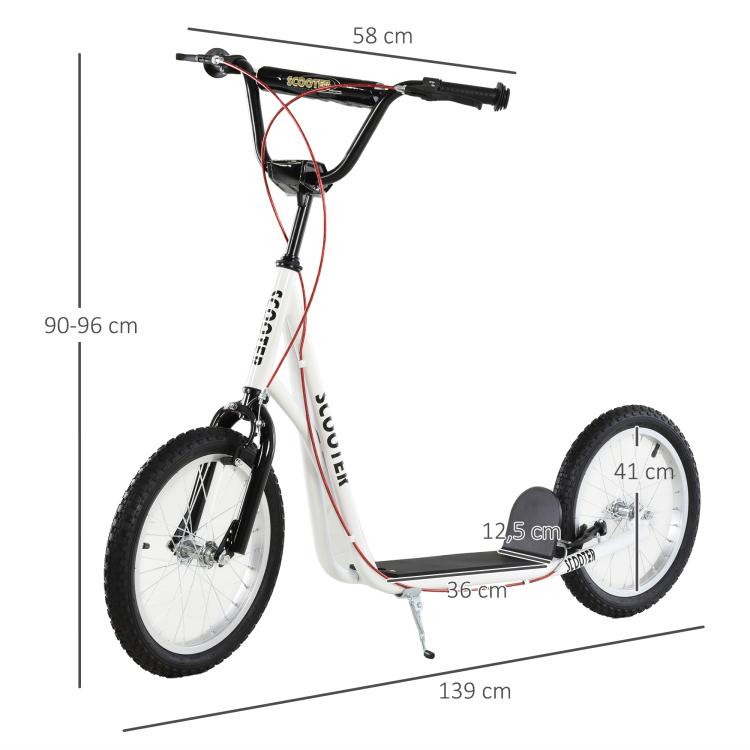 Scooter for Children (Ages 5+) and Teens with Height-Adjustable Handlebars, Two 16-inch Pneumatic Rubber Tires, and Dual Brakes – 100 kg Load Capacity – 139x58x90-96 cm – White