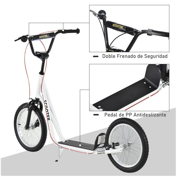 Scooter for Children (Ages 5+) and Teens with Height-Adjustable Handlebars, Two 16-inch Pneumatic Rubber Tires, and Dual Brakes – 100 kg Load Capacity – 139x58x90-96 cm – White