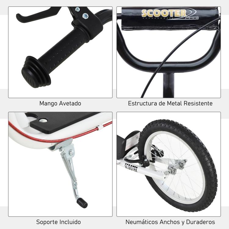 Scooter for Children (Ages 5+) and Teens with Height-Adjustable Handlebars, Two 16-inch Pneumatic Rubber Tires, and Dual Brakes – 100 kg Load Capacity – 139x58x90-96 cm – White