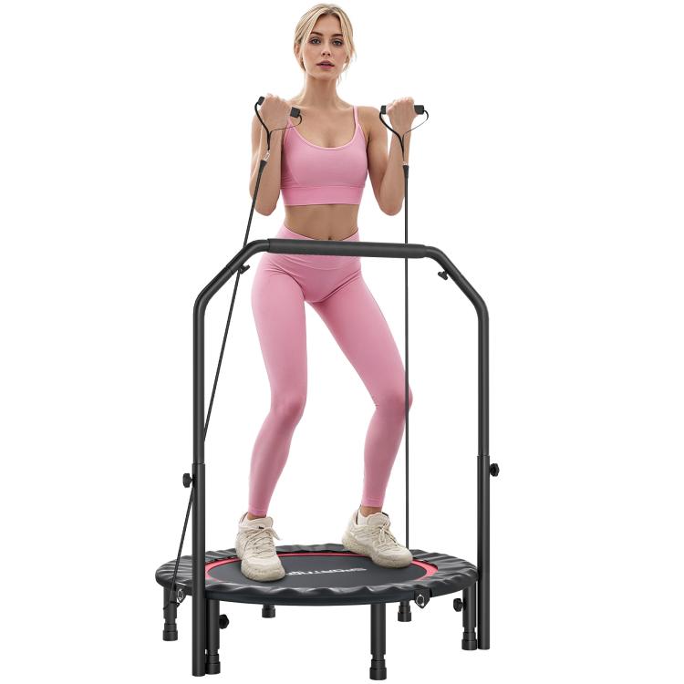 102cm Foldable Trampoline with Adjustable Handrail and Steel Frame, Red and Black