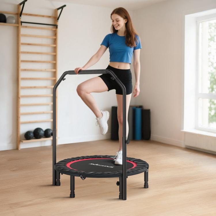 102cm Foldable Trampoline with Adjustable Handrail and Steel Frame, Red and Black