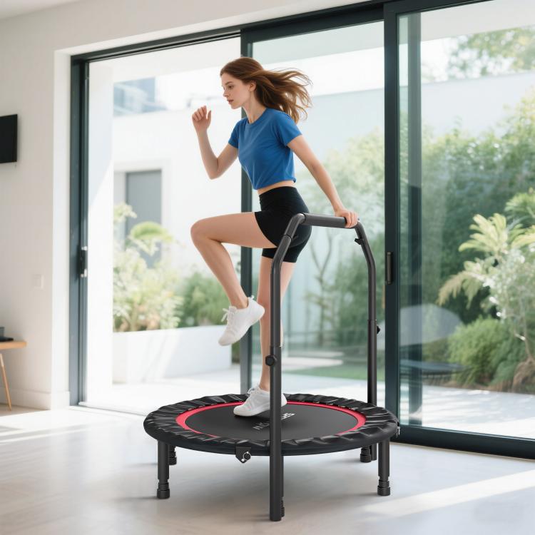 102cm Foldable Trampoline with Adjustable Handrail and Steel Frame, Red and Black