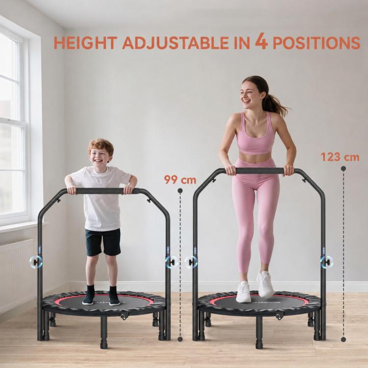 102cm Foldable Trampoline with Adjustable Handrail and Steel Frame, Red and Black