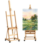 Folding beechwood artist's easel on wheels for canvases up to 118 cm, natural wood