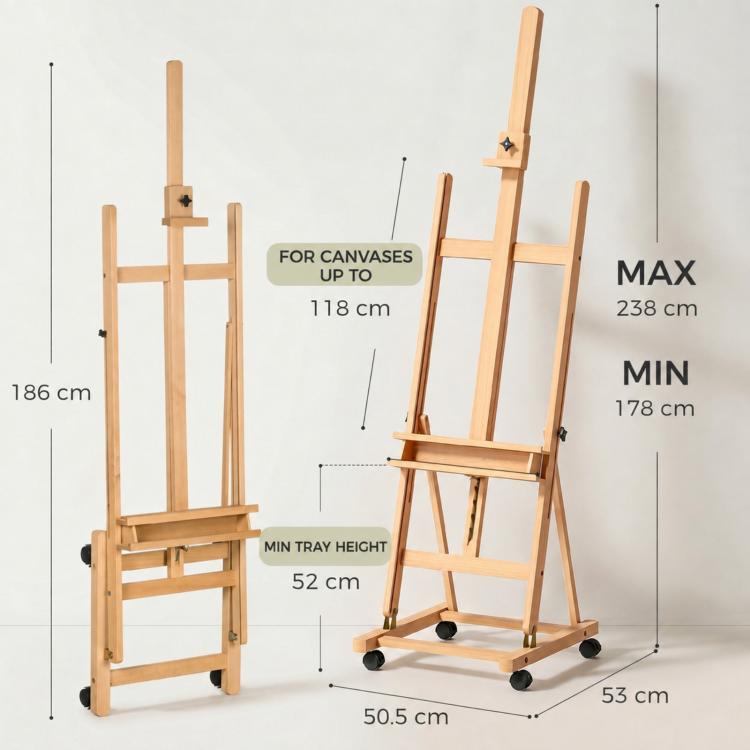 Folding beechwood artist's easel on wheels for canvases up to 118 cm, natural wood — view 5