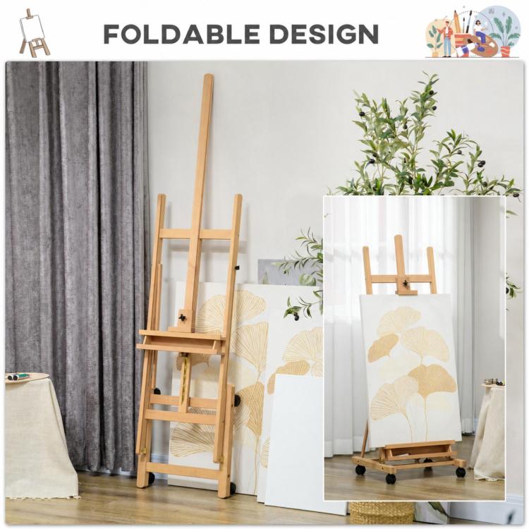 Folding beechwood artist's easel on wheels for canvases up to 118 cm, natural wood — view 9