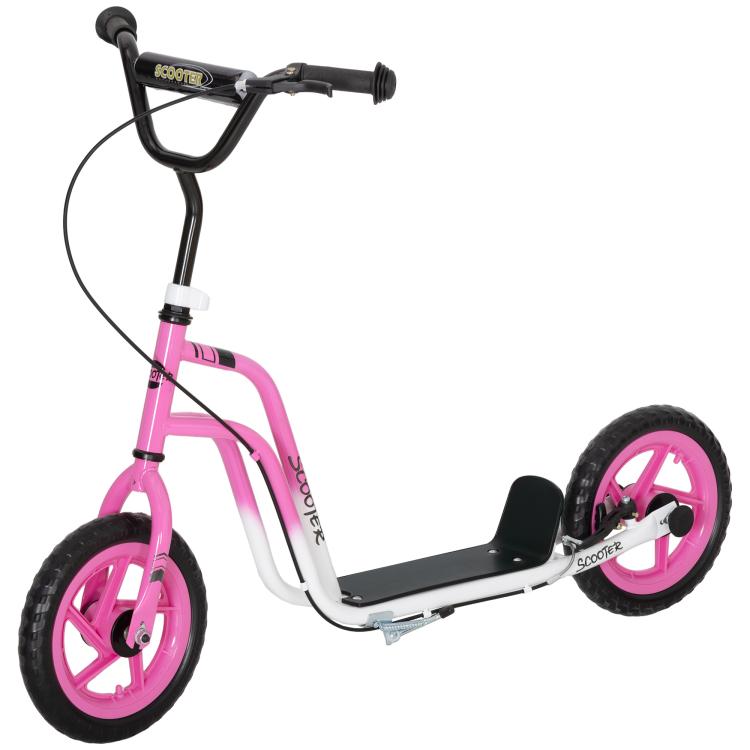 Children's scooter with adjustable handlebars, large wheels, kickstand, and handbrake; for children aged 5–12; pink.