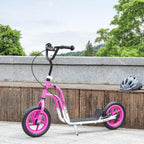 Children's scooter with adjustable handlebars, large wheels, kickstand, and handbrake; for children aged 5–12; pink.