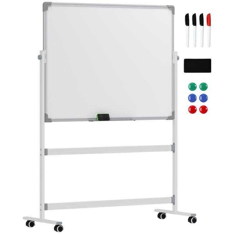 Whiteboard, 120 x 90 cm, magnetic, rotatable, mobile, incl. marker & eraser, metal frame, white