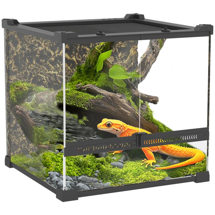 Glass terrarium for reptiles, raised & waterproof base, button lock