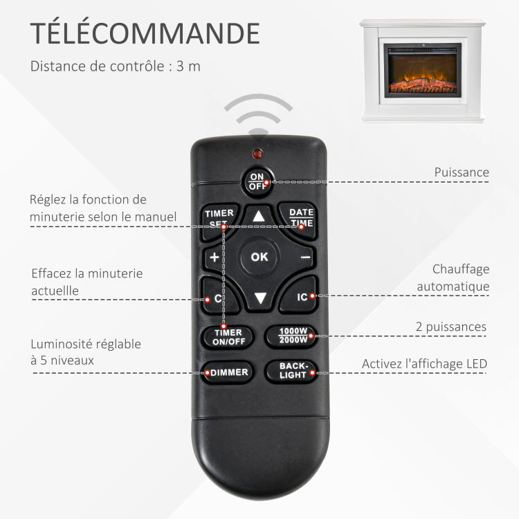 Large 2000W Electric Fireplace with LED Flame Effect – Adjustable Timer, Temperature, and Brightness – Remote Control Included – White — view 7