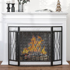 3-Panel Folding Fireplace Screen with Hinges and Decorative Metal Frame, 126x3x80 cm, Black — view 3