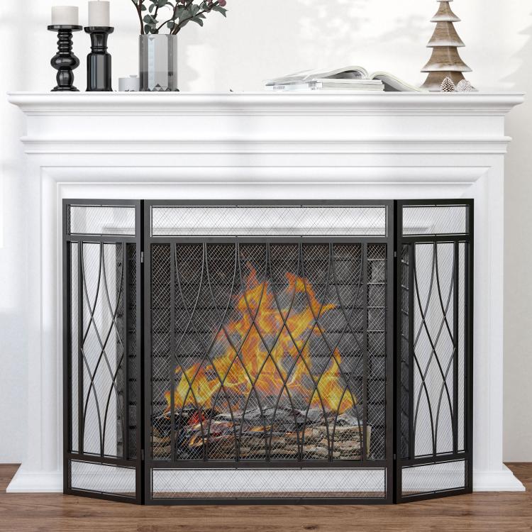 3-Panel Folding Fireplace Screen with Hinges and Decorative Metal Frame, 126x3x80 cm, Black — view 3