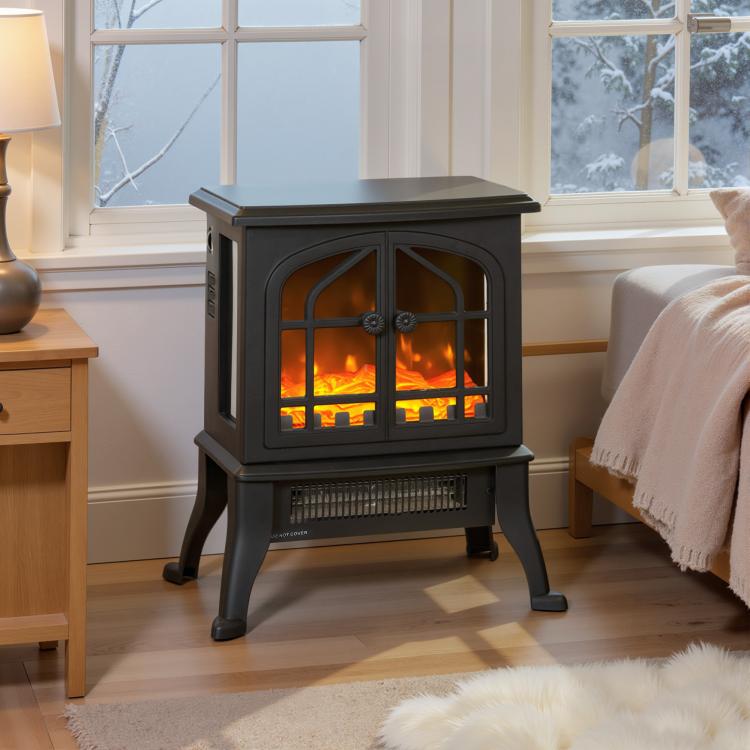 Freestanding Electric Fireplace 900/1800W, 3D Flame Effect, Adjustable Thermostat, Viewing Windows, for 15–30 square meter, Black — view 3