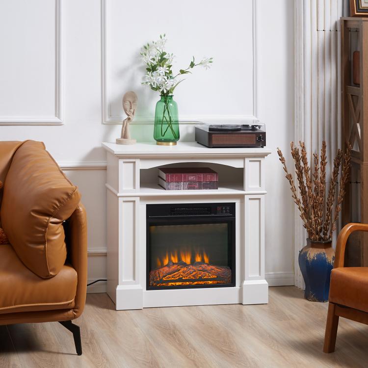 1800W Electric Fireplace with Adjustable LED Flame Effect, Remote Control, Timer, and Integrated Shelf – White — view 3