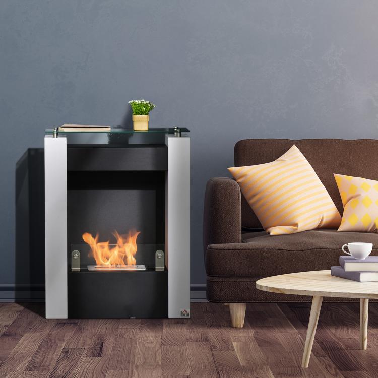 Bioethanol fireplace with 0.9 L burner and tempered glass shelf, 60 x 20 x 79 cm, black and white steel. — view 3