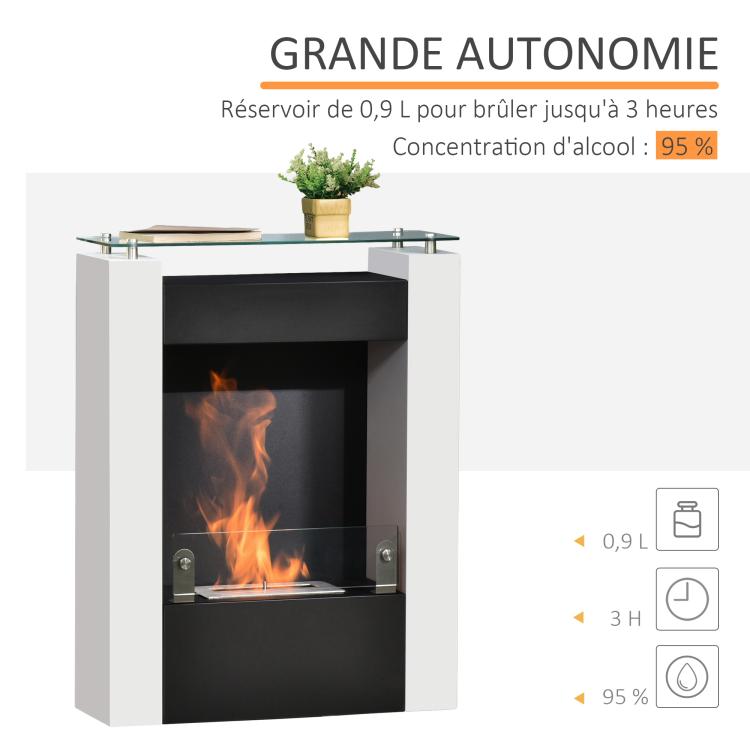 Bioethanol fireplace with 0.9 L burner and tempered glass shelf, 60 x 20 x 79 cm, black and white steel. — view 8