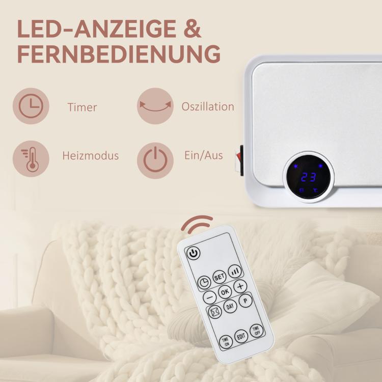 2000W Wall-Mounted Fan Heater with Remote Control, 3 Operating Modes, LED Display, and 12-Hour Timer — view 7