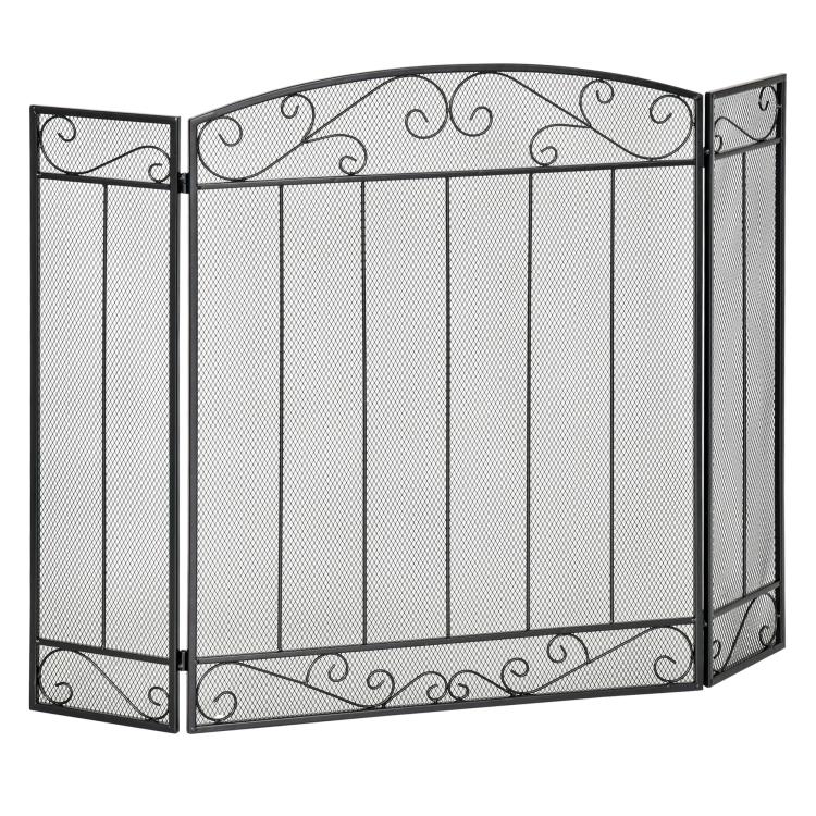 3-Panel Folding Fireplace Screen – Black Metal and Steel – 105 x 1.6 x 80.5 cm