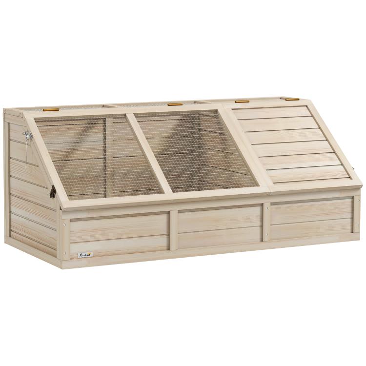 Wooden enclosure/cage for small animals or tortoises, featuring an opening lid, latches, two separate areas, and natural wood construction. — view 12
