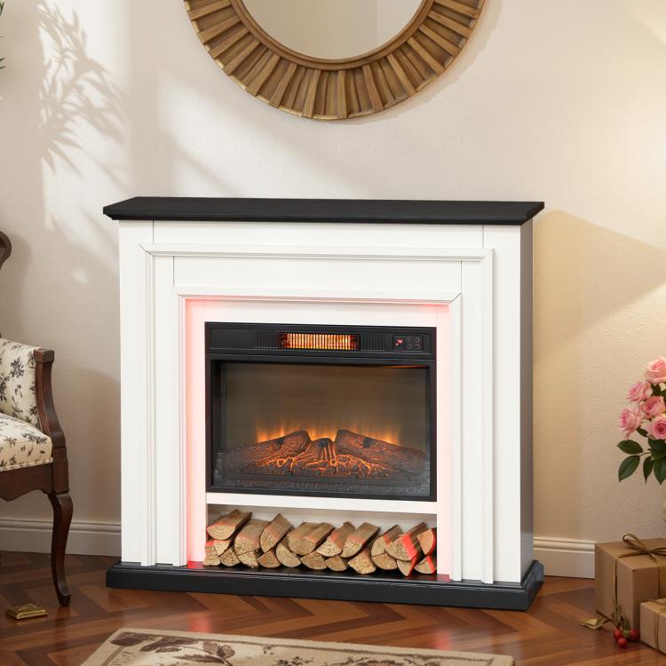 1800W electric fireplace, decorative faux fireplace with RGB LED lights, flame effect, mantel, 105 x 27 x 97 cm, black — view 3