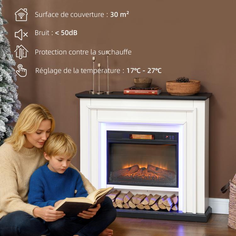 1800W electric fireplace, decorative faux fireplace with RGB LED lights, flame effect, mantel, 105 x 27 x 97 cm, black — view 9