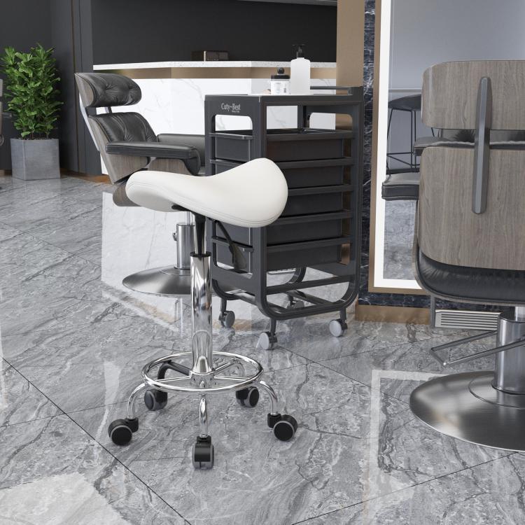 PU Leather Adjustable Stool, Rolling Saddle Stool with Wheels for Massage, Spa, Clinic, Beauty and Tattoo, White — view 4