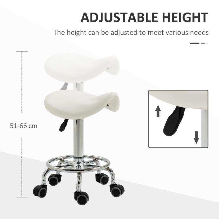 PU Leather Adjustable Stool, Rolling Saddle Stool with Wheels for Massage, Spa, Clinic, Beauty and Tattoo, White — view 6