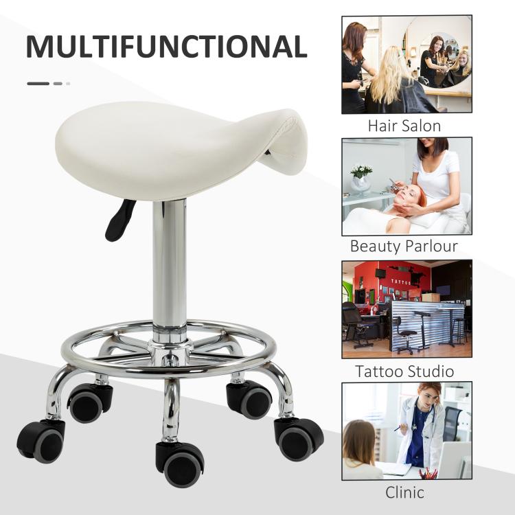 PU Leather Adjustable Stool, Rolling Saddle Stool with Wheels for Massage, Spa, Clinic, Beauty and Tattoo, White — view 9