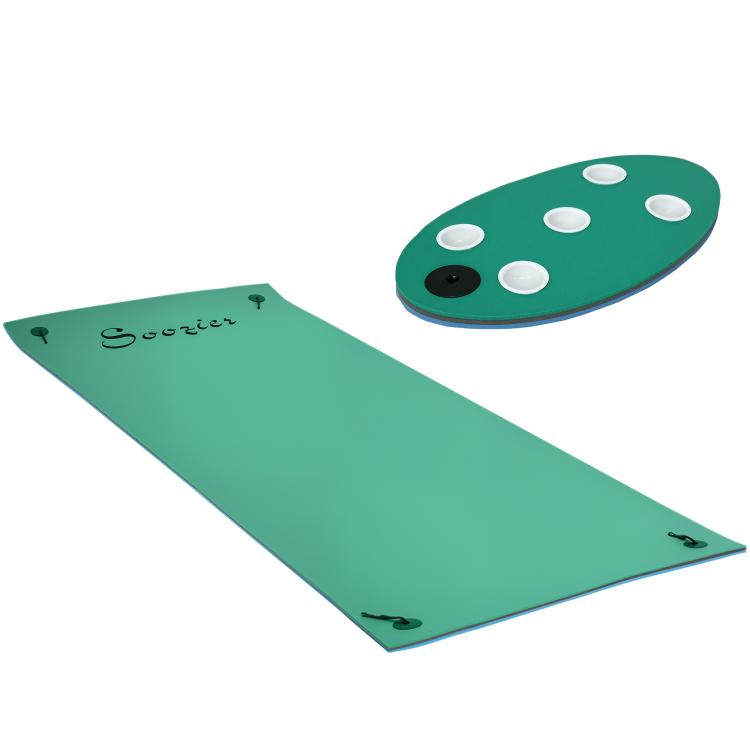 Soozier 12 feet x 5 feet Lily Pad Floating Mat with Cup Holder Table, 3-Layer Portable Roll-Up Water Mat Float Dock for 2-3 People, on Lake, River, Beach, Swimming Pool, Green