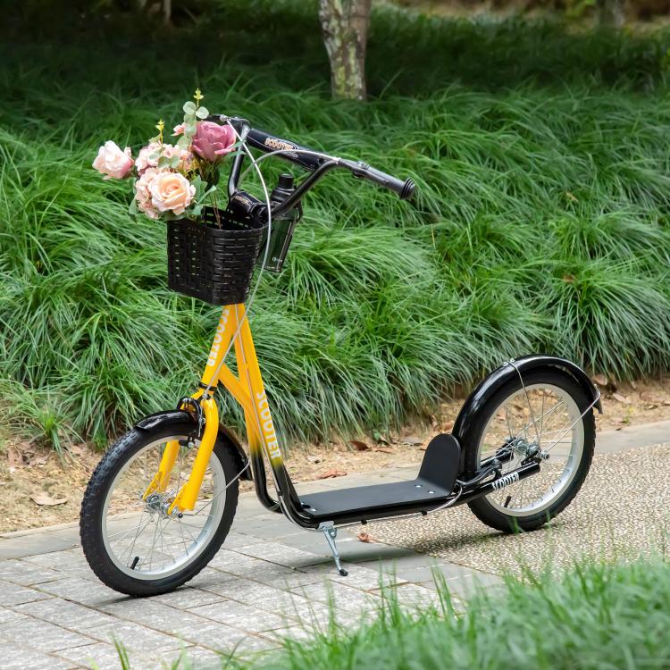 Youth Scooter, Kick Scooter with Adjustable Handlebars, Double Brakes, 16 inch Inflatable Rubber Tires, Basket, Orange
