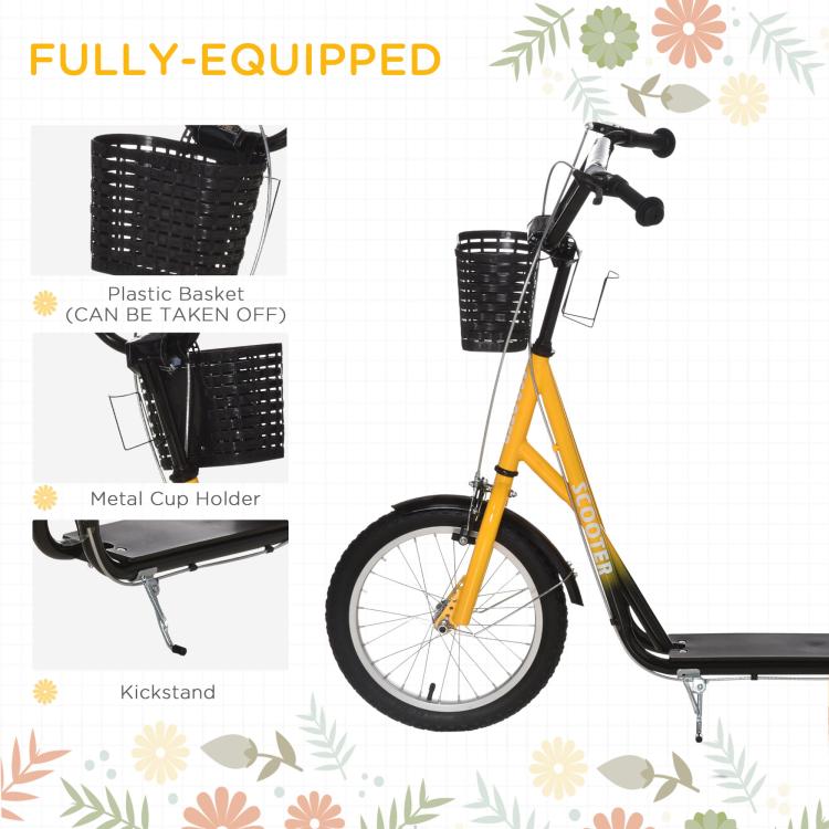Youth Scooter, Kick Scooter with Adjustable Handlebars, Double Brakes, 16 inch Inflatable Rubber Tires, Basket, Orange