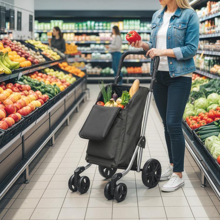 Foldable Shopping Trolley with Cooler Compartment, 6 Wheels, 46L, Dark Grey