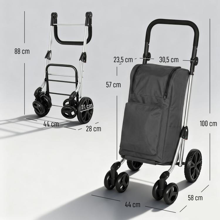 Foldable Shopping Trolley with Cooler Compartment, 6 Wheels, 46L, Dark Grey