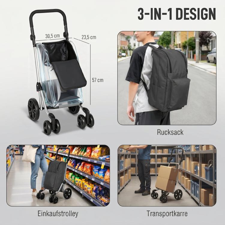 Foldable Shopping Trolley with Cooler Compartment, 6 Wheels, 46L, Dark Grey