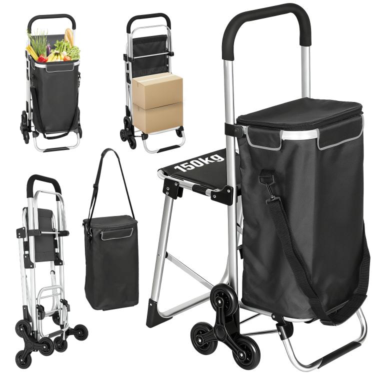 3-in-1 Foldable Shopping Trolley with Seat, 40L Capacity, Dark Grey