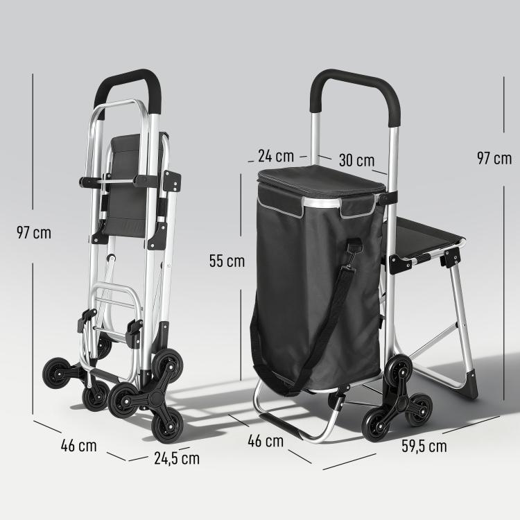 3-in-1 Foldable Shopping Trolley with Seat, 40L Capacity, Dark Grey