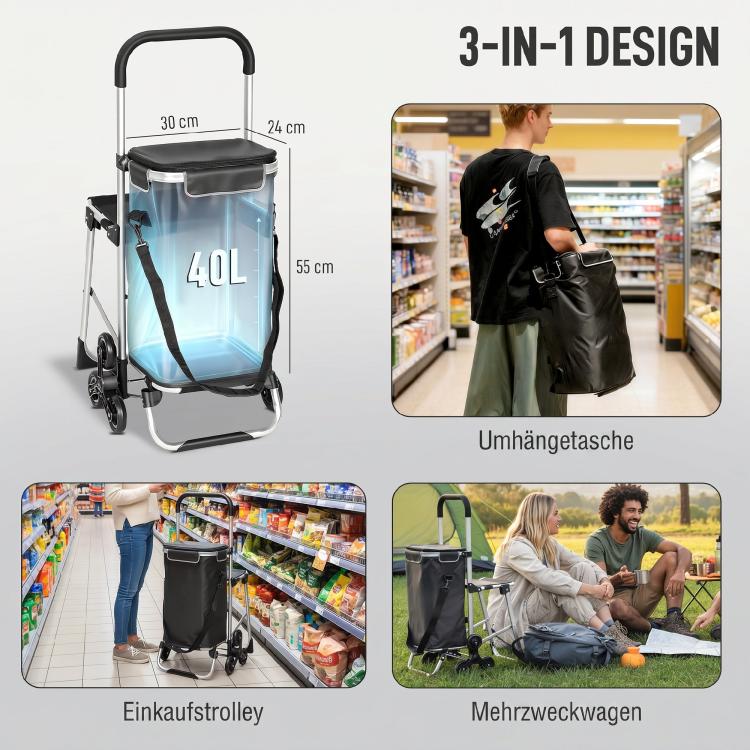 3-in-1 Foldable Shopping Trolley with Seat, 40L Capacity, Dark Grey