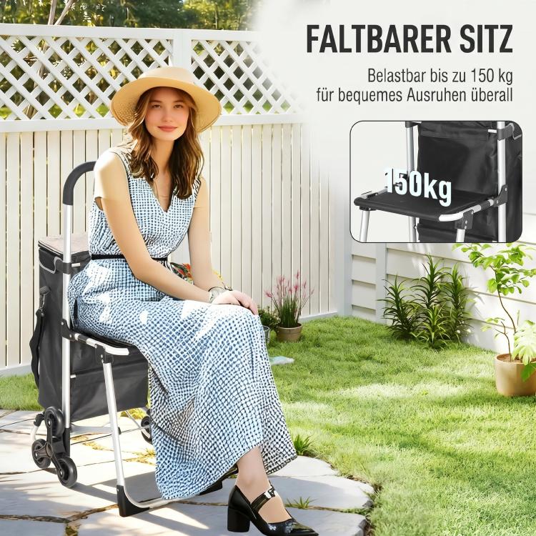 3-in-1 Foldable Shopping Trolley with Seat, 40L Capacity, Dark Grey