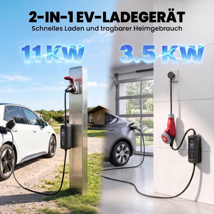 Portable Wallbox 11kW 8m Type 2 (CEE 6–16A to Type 2) IP65 for EV/PHEV